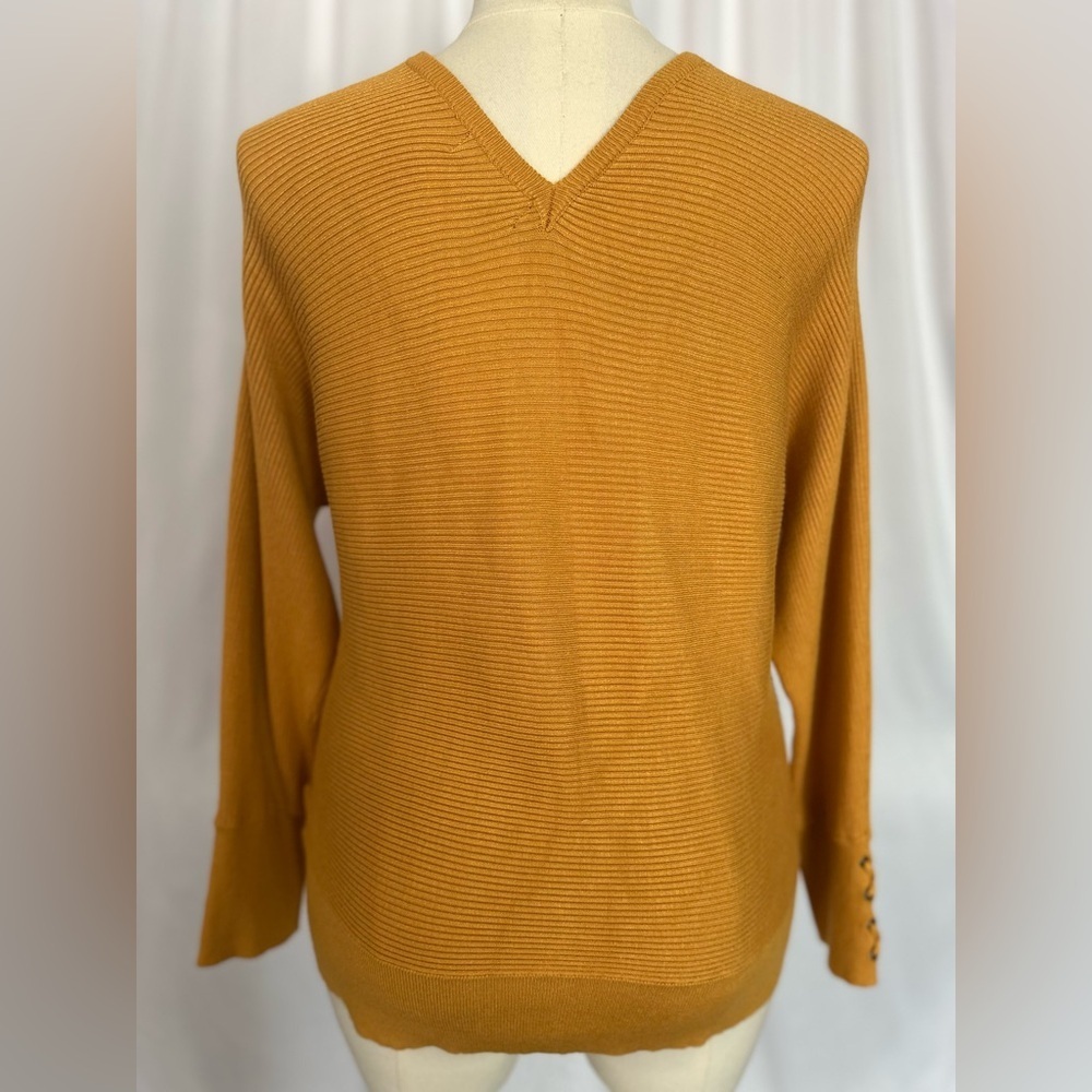 Tribekka 44 Mustard Ribbed V-Neck Sweater Lace-Up Sleeve Detail Size L(1243) - Picture 4 of 14